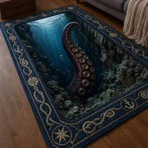Detailed view of 3D illusion octopus tentacle rug on wooden floor, vibrant nautical border.