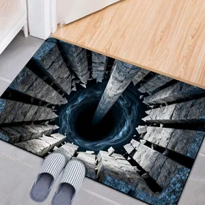 Detail shot of the 3D optical illusion floor mat showing realistic abyss stone pillar design.