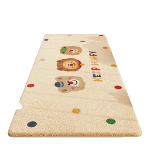 Cartoon plush bedside runner rug, cute bear pattern soft floor mat for bedroom winter decor.
