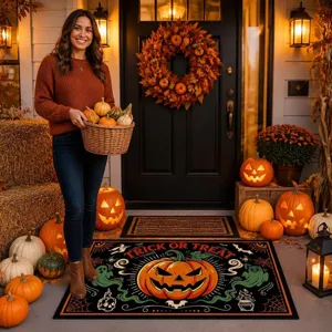 Paillasson d'accueil d'Halloween avec visage de citrouille effrayant pour l'entrée de la porte.