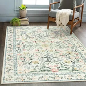 Bohemian vintage floral faux cashmere rug detail, non-slip living room bedroom accent mat.