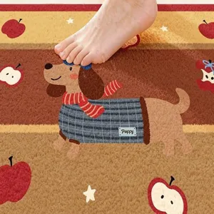 Detailed view of cute cartoon dachshund absorbent bathroom floor mat with soft velvet texture.