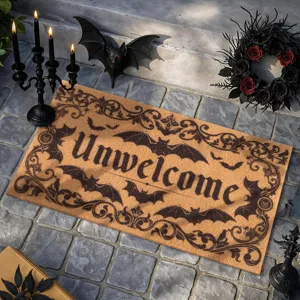 Detail de paillasson en coco d'Halloween avec motif de chauve-souris gothique sur sol.