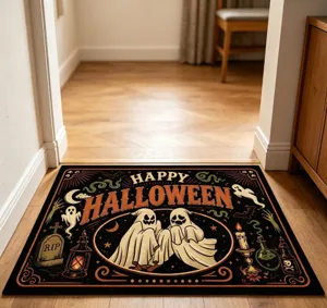 Détail de paillasson d'Halloween avec motifs de fantômes vintage, typographie effrayante.