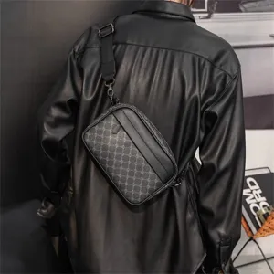 Men's retro monogram crossbody messenger bag with leather trim and adjustable strap.
