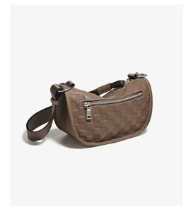 Brown checkered leather shoulder bag, stylish crescent hobo purse with zipper and metal hardware.