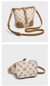 Classic monogram bucket bag detail view, stylish PU leather shoulder bag with chain strap.
