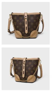 Classic monogram bucket bag with chic chain strap and leather trim for stylish women daily use.