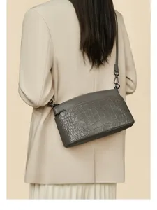 Gray genuine leather crossbody bag for women, chic crocodile pattern casual shoulder purse.