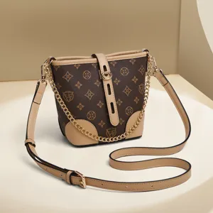 Fashion Classic Monogram Bucket Bag For Women Luxury Synthetic Leather Shoulder Crossbody Bag Chain Handbag