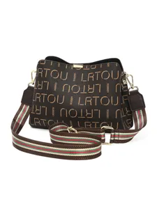 Women brown leather bucket bag crossbody shoulder bag with letter print and striped strap detail.