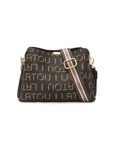 Women's brown bucket bag stylish shoulder crossbody bag with striped strap and letter print.