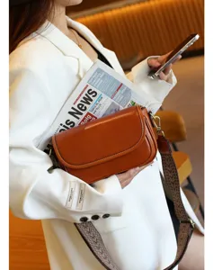 Vintage brown leather crossbody bag with wide patterned strap for women casual daily wear