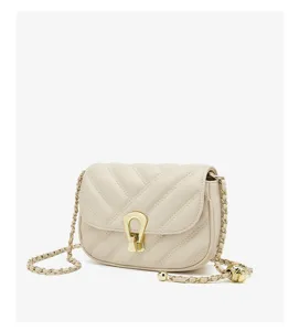 Elegant beige quilted mini crossbody bag with gold chain strap and chic clasp for daily wear.