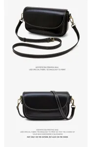 Retro black leather shoulder bag with contrast stitching, adjustable strap, casual crossbody bag.