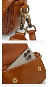 Retro brown leather women crossbody bag detail view showing hardware clasps and front pocket size.