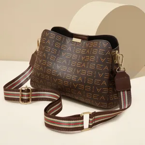 Women Synthetic Leather Bucket Bag Vintage Commuting Crossbody Bag Fashion Printed Handbag Casual Shoulder Bag