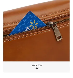 Vintage brown leather crossbody bag detail view with zipper pocket and metal hardware finish.