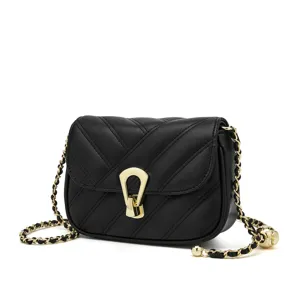 Black quilted leather crossbody bag with gold chain strap and metal lock closure for women