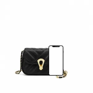 Black quilted chain crossbody mini bag with gold hardware, compact size 18x13cm stylish.