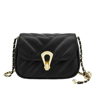 Black quilted leather crossbody bag with chic gold chain strap and unique clasp design.