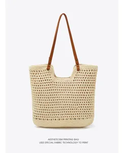 Detailed view of casual straw woven tote bag with brown straps, perfect for beach vacation.
