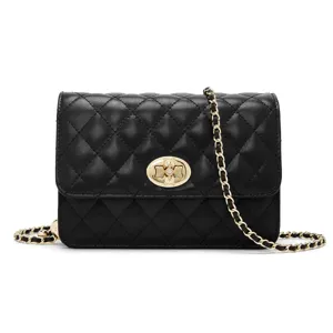 Black quilted leather chain shoulder bag with gold hardware and elegant turn lock for women.