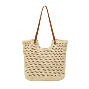 Women's handmade straw woven beach tote bag, casual large capacity single shoulder bag.