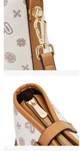 Detailed view of women handbag strap hardware and zipper pull, premium faux leather trim.