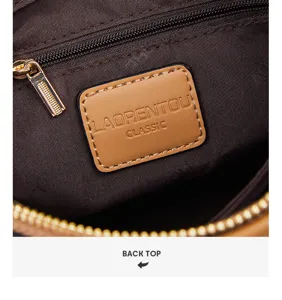 Detailed view of the brown inner lining, metal zipper and classic branded leather label.