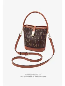 Retro printed bucket bag with handle and adjustable shoulder strap for daily use