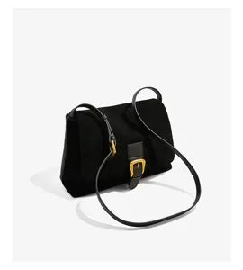 Women elegant black suede shoulder bag luxury gold buckle crossbody underarm bag for winter