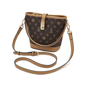Vintage brown monogram bucket bag women fashion PU leather shoulder crossbody bag with lock.