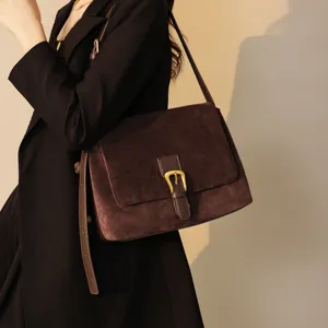 Women Genuine Leather Suede Shoulder Bag Retro Elegant Crossbody Underarm Bag Casual Daily Matching Urban Minimalist Handbag