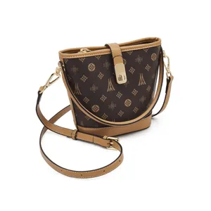 Women vintage bucket bag monogram crossbody shoulder bag elegant PU leather handbag with clasp