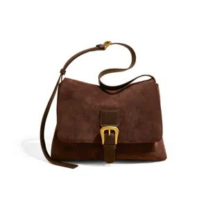 Brown suede shoulder bag with gold hardware and leather strap, elegant design for autumn.
