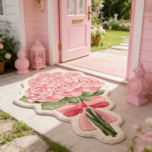 Pink rose bouquet shaped rug for bedroom, cute fluffy aesthetic bedside carpet decor.