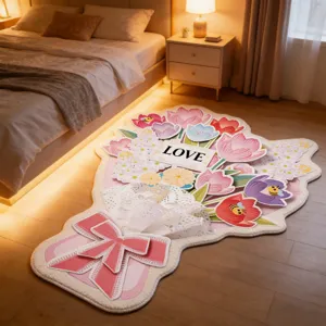 Detail view of a cute bouquet shaped bedroom rug with bowknot and love print, soft texture.