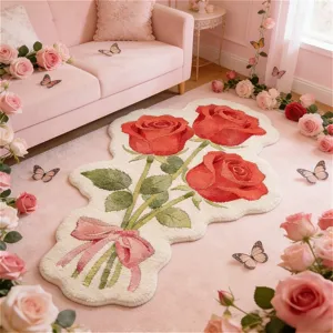 Fluffy shaped rose bouquet rug for bedroom, aesthetic faux cashmere pink bedside decorative mat.
