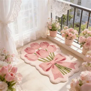 Fluffy pink tulip bouquet rug, cute shaped carpet for bedroom bedside and home decor.