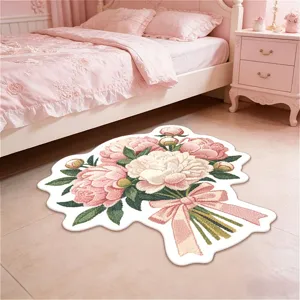Pink floral bouquet shaped bedroom rug, cute girl style bedside warm anti-slip fluffy carpet.