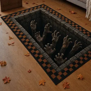 3D illusion Halloween horror zombie hands rug detail view for festive party room floor decor