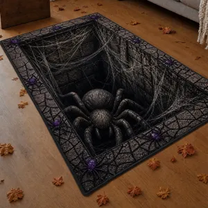 Halloween 3D illusion spider web rug detail view, anti-slip floor mat for room decor props
