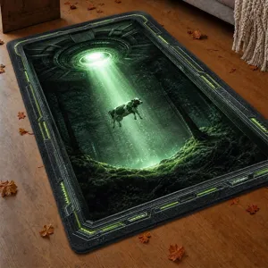 Sci-fi UFO cow abduction floor mat, non-slip area rug for living room and bedroom decor.