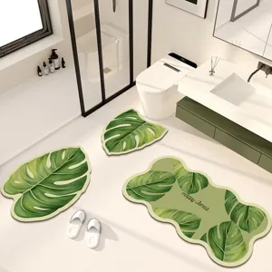 Forest style leaf bath mat set, absorbent non-slip diatomite floor mats for bathroom.