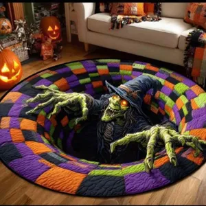 Détail de tapis rond en velours de cristal Halloween 3D, tapis d'illusion de sorcière effrayante.
