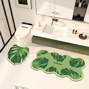 Green leaf diatomaceous earth bath mat set, non-slip quick drying absorbent toilet floor mat.
