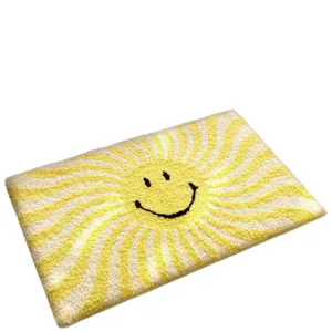 Cute yellow smiley face sunburst plush doormat, soft absorbent non-slip bathroom floor rug.
