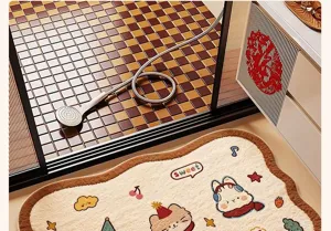 Cute cartoon animal plush absorbent bath mat, fluffy anti-slip floor rug for home entry.