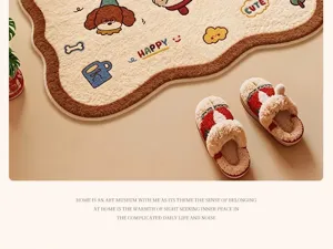 Fluffy cartoon dog doormat and cute slippers set, soft absorbent non-slip floor rug for home.